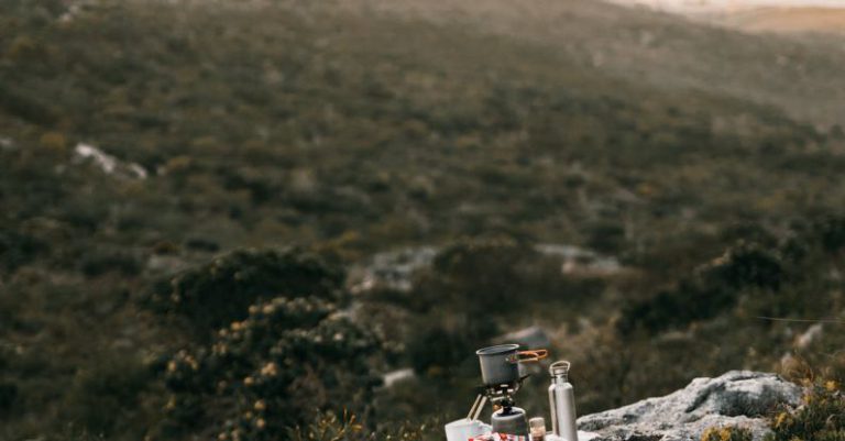 Outdoor Cooking - Outdoor Cooking Tools on a Cliff of a Mountain