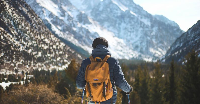 Hiking - Men's Blue Leather Jacket and Brown Backpack