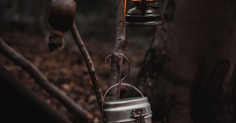 Bushcraft - A Lantern and Pot Hanging on a Branch on a Camp in a Forest